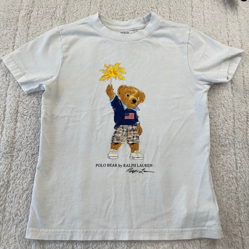 Polo Ralph Lauren Bear T-Shirt Fireworks kids size 5 white Cotton patriotic